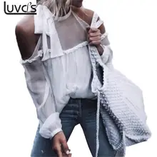 Sexy Off Shoulder Halt Bow Blusas Tops t shirts Women Ladies Casual Long Sleeve Summer Tops See Through White Chiffon Blous