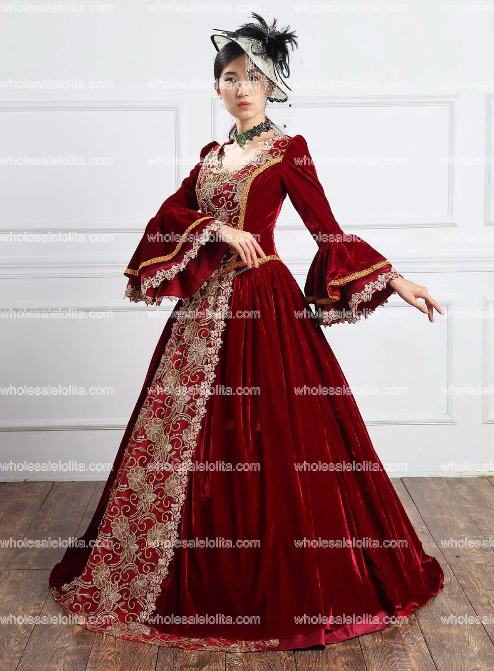 Высокое качество Бургундия бархат барокко Marie платье Антуанетты Ренессанс Готический период костюмы