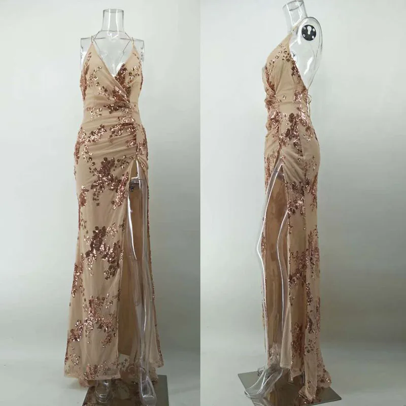 Sexy V Neck Strap Backless Sequined Dress Vestidos De Festa 2017 Women Dress (1)