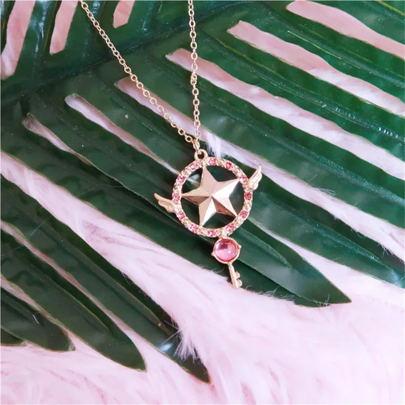 

1pcs Anime Card Captor Sakura The Clow Magic Star Wand Metal Crystal Cosplay Pendant Necklace Cosplay Props Gift