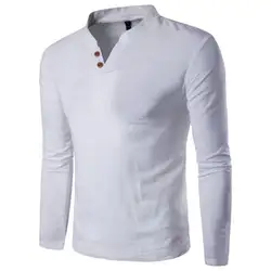 Повседневное осень Для мужчин Slim Fit рубашка с длинными рукавами v-образным вырезом Футболка Лен Футболка Блуза Топ