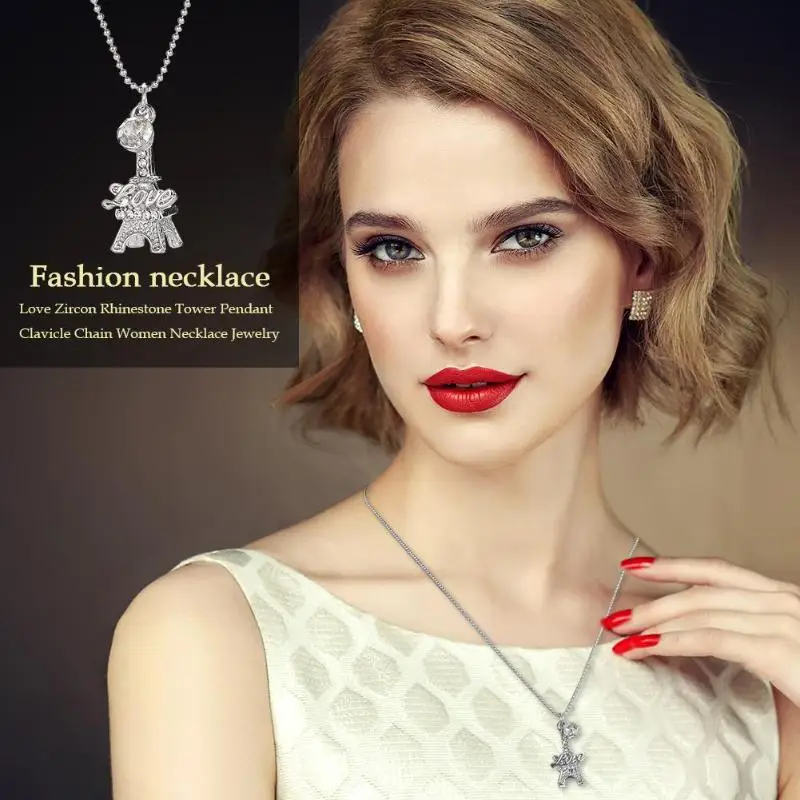 

Love Zircon Rhinestone Tower Pendant Clavicle Chain Women Necklace Jewelry Long Chain Sweater Necklace Women Jewelry Gifts