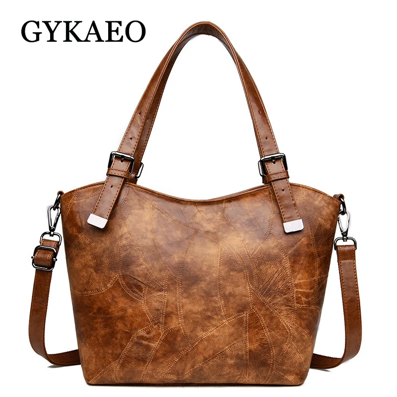

GYKAEO Retro Women Leather Handbags 2019 Spring European and American Style Large Capacity Tote Bag Ladies Street Shoulder Bags