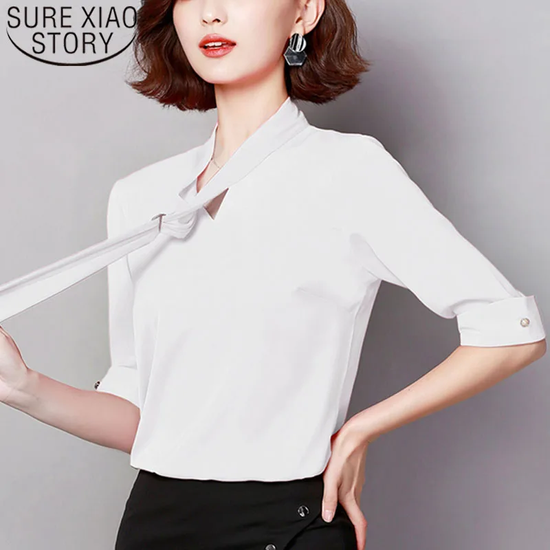 

Blusas mujer de moda 2019 ladies tops short sleeve green white blouse shirt plus size Bow Solid top for women clothing 4670 50