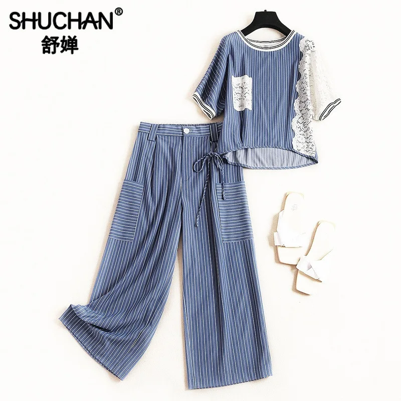 

Shuchan Casual Loose 2 Piece Set Women Patchwork Lace Top+ Calf-Length Pants Summer Clothes for Women Ensemble Femme 51327