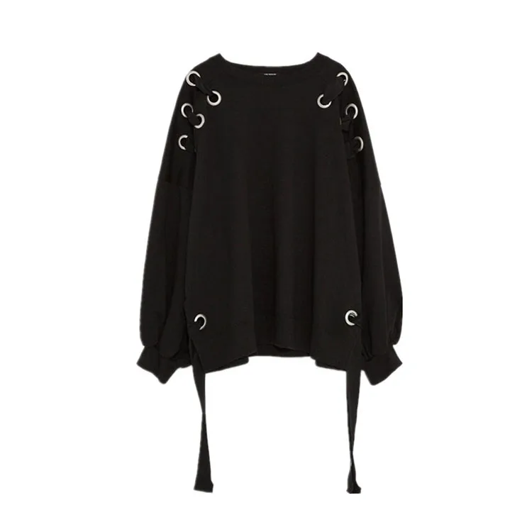 Col Nouveau Surdimensionné Longueur Noir 2017 Avec Sweat Oeillet En Longues Élégant Manches Rond Poignets Hanche Élastiques Femmes wIdqzq