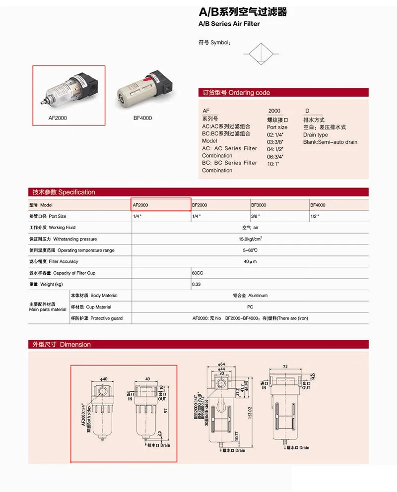 1/4 ''AF2000 фильтр для очистки воздуха пневматический компонент влагоотделитель