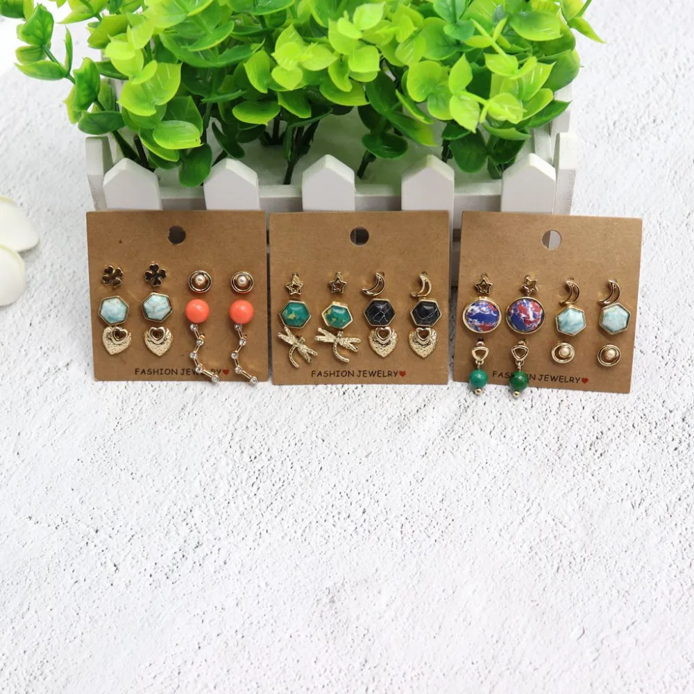 

2017 New Women's dragonfly heart Geometric Stone Alloy Multicolor moon and stars Studs Earrings Set