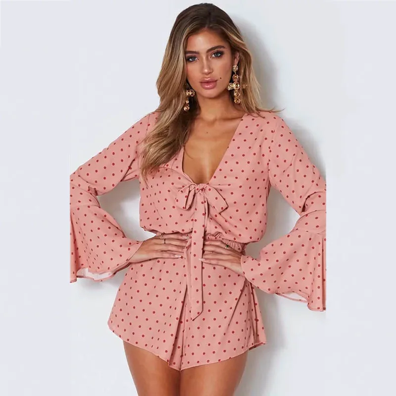 Yinlinhe розовый горошек Playsuit для женщин с длинным рукавом Свободные Летний Пляжный комбинезон V образным вырезом сексуальный короткий комбинезон Комбинезоны для малышек Boho 810