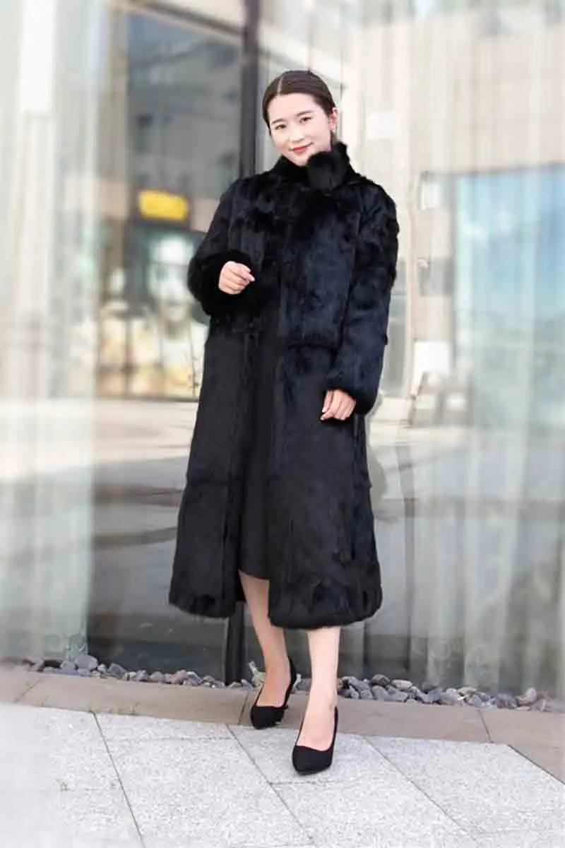Размера плюс большие Размеры пальто из натурального меха, новинка зимы, теплые с воротником-стойкой и карманами длинные пальто из меха кролика низкая цена sr629 - Цвет: Черный
