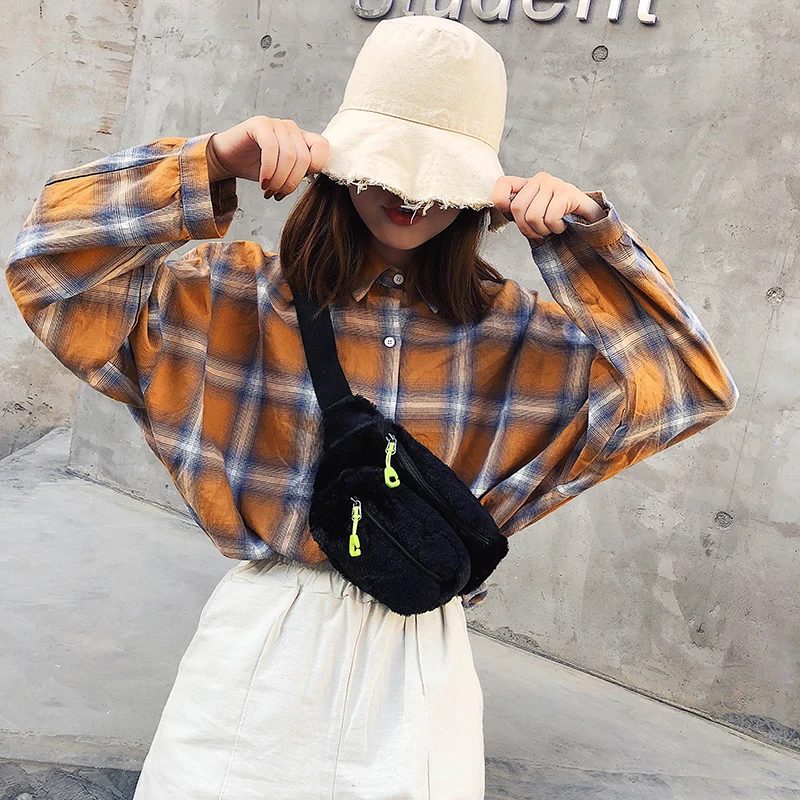 

DINCAR Women Waist Bag Plush Fanny Pack Travel Casual Zipper Chest Bag Punk Style Street Winter Leg Bags Girl Cute Shoulder Bag