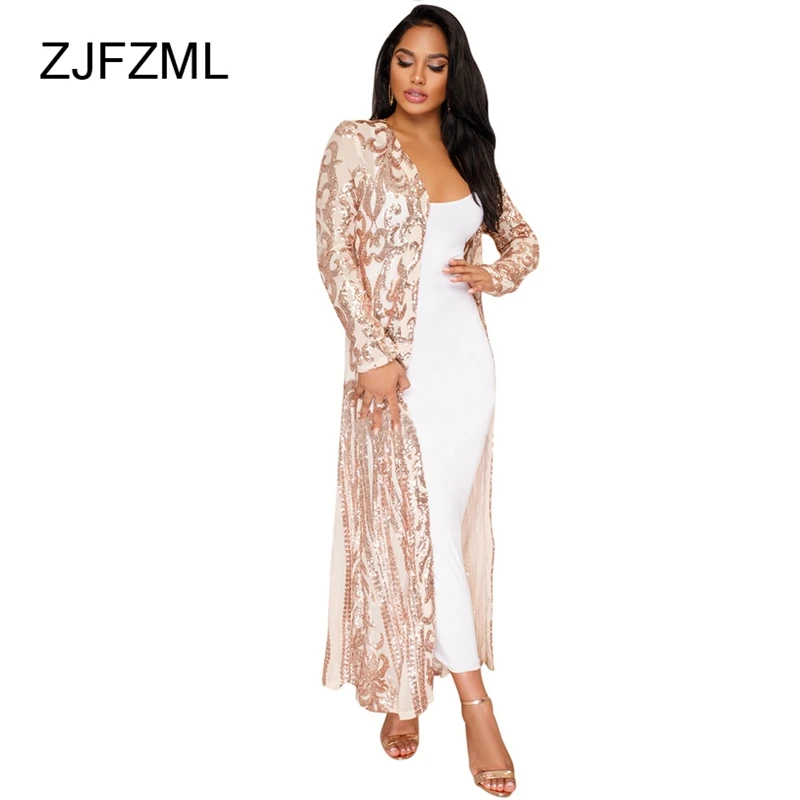 remarkable  ZJFZML Women Elegant Sequined Jacket Sexy Mesh See Through Long Coat Spring Autumn Full Sleeve Maxi
