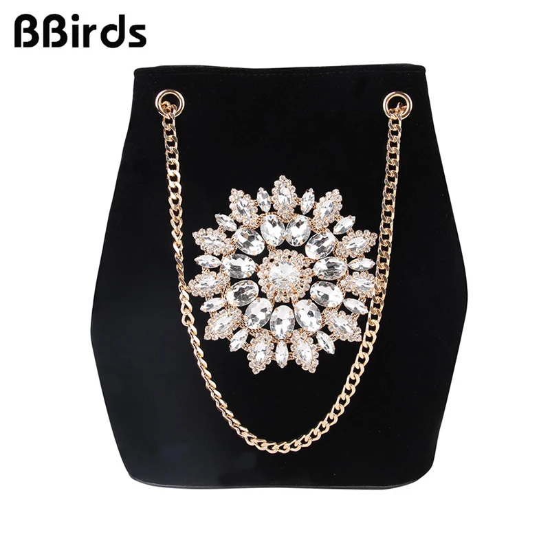 BBirds Velet Diamond Bucket Bag Women Shoulder Bag Female Crystal Floral Chain Bags Velour Embroidery Diamond Ladies Handbag