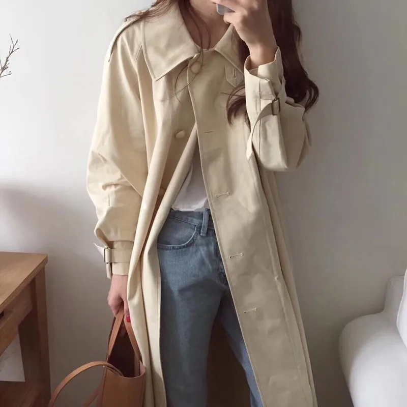 LANMREM Spring And Autumn New Fashion Casual Loose Solid Color Coat Single-breasted Long Women's Windbreaker TC033