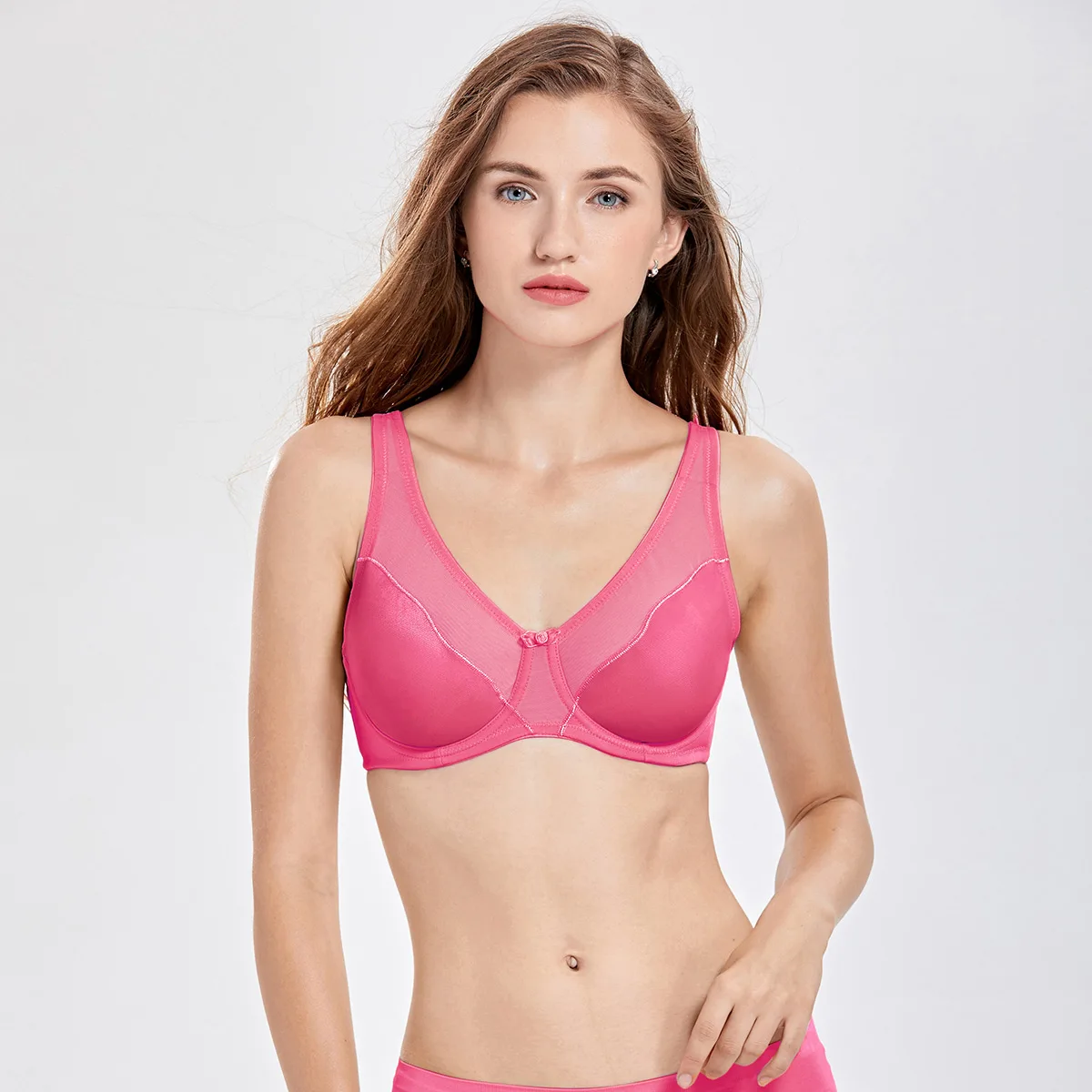 Women's Full Coverage V-neck Non Padded Underwire Minimizer Bra Plus Size - Цвет: Hot Pink05