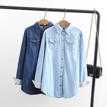 Винтажная джинсовая рубашка, женская джинсовая рубашка с длинным рукавом, плюс размер, Повседневная Уличная одежда, женские топы, джинсовая рубашка, блузка, женская одежда Q1279