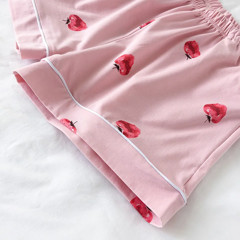 Розовая Клубничная летняя хлопковая Домашняя одежда женский пижамный комплект из 2 предметов Пижама Femme Пижама комплект ночное женское белье комплект