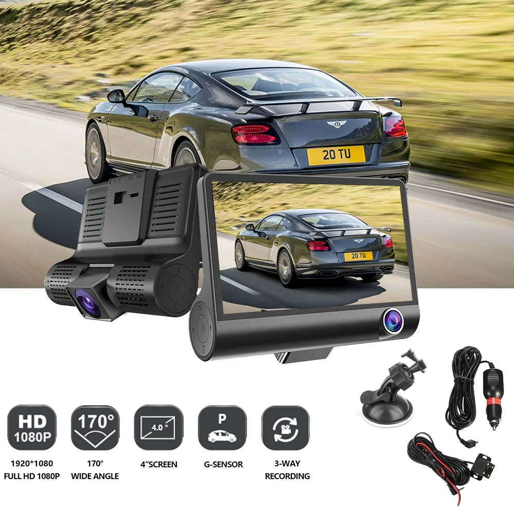 

3 Lens 4'' FHD 1080P Car DVR Dash Cam Video Recorders with Rearview Camera Vehicle Blackbox Driving Recorder Support TF Card