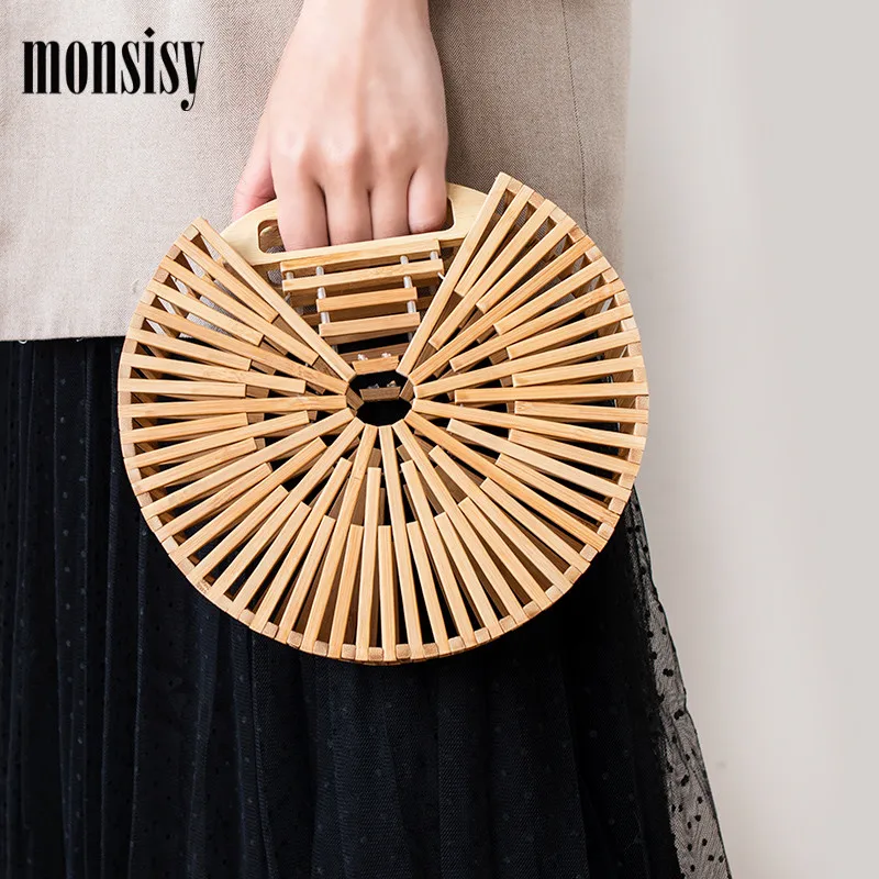 

Monsisy Bamboo Handbag Women Beach Bag Summer Wooden Purses Clutch Bag Travel Vacation Totes Ladies Hollow Out Woven Straw Bags