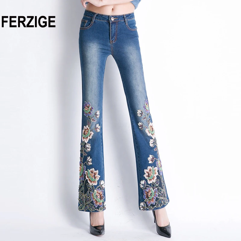 

FERZIGE Women Jeans with Embroidery High Waist Stretch Luxury Denim Pants Manual Embroidered Bell Bottom Rhinestones Beads Big