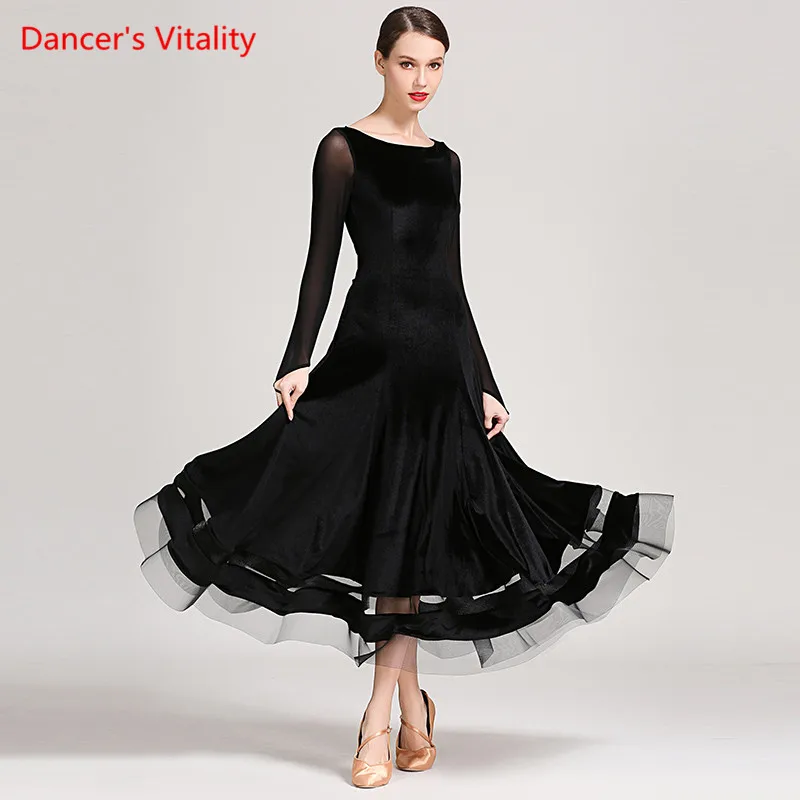 

2019 Fashion Ballroom Dance Dress Autumn Winter Velvet +Mesh Warm Big Swing Dresses Women Waltz Tango Dance Practice Costumes