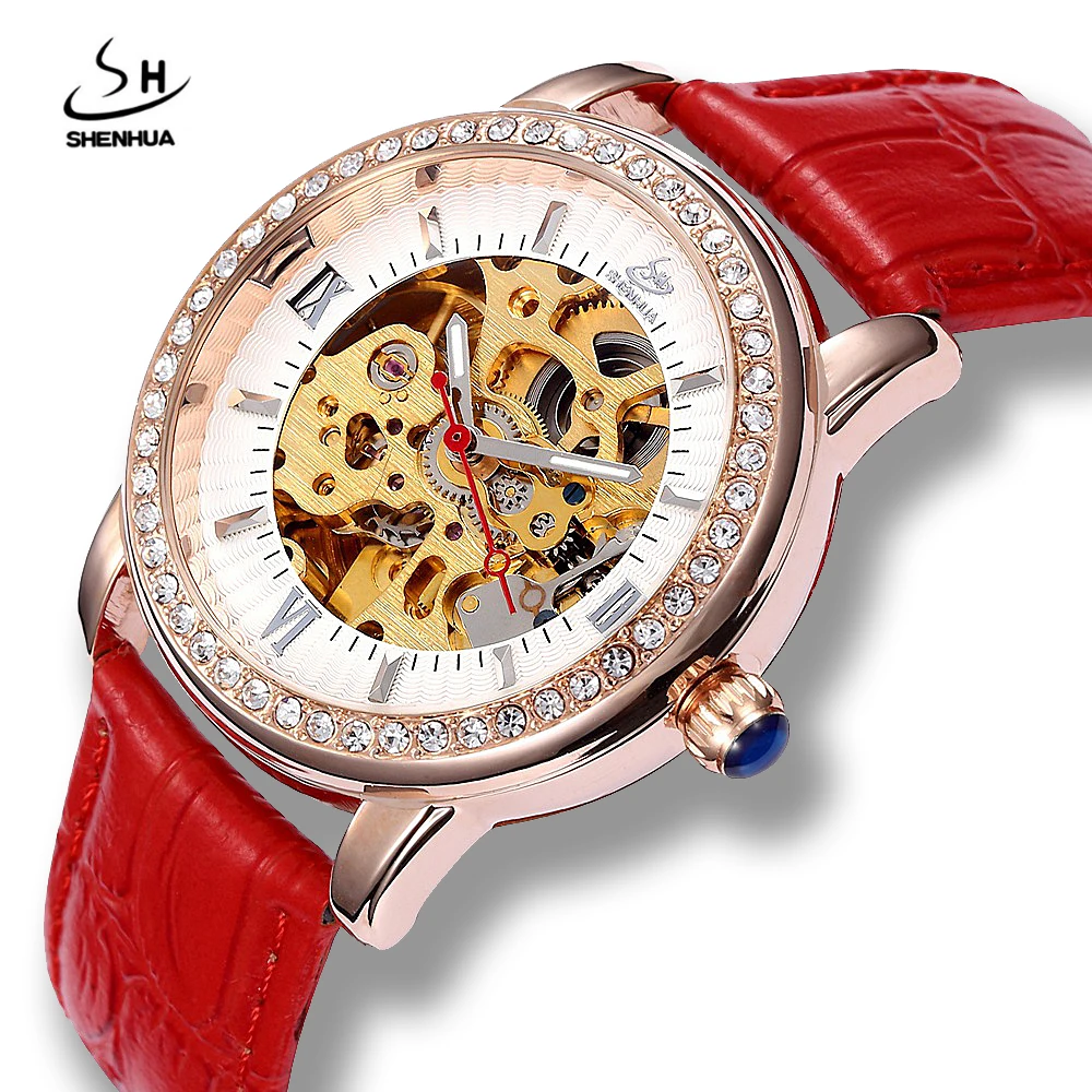 Skeleton Mechanical Diamond Wrist Watch for Women Luxury Rose Gold Self