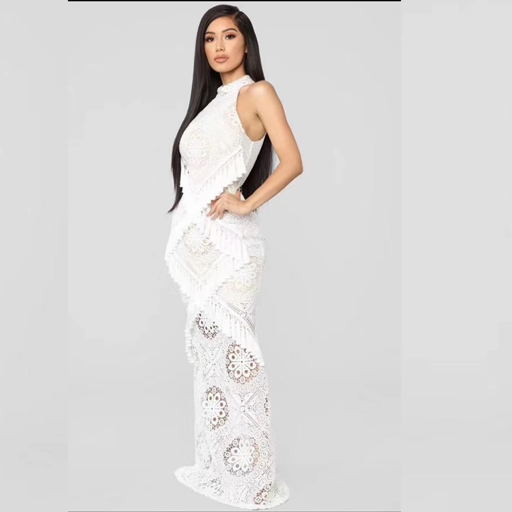 

Newest Sleeveless Lace Sexy Chic Summer White Dress 2019 Elegant Celebrity Evening Long Maxi Bandage Dress Split Vestidos Festa