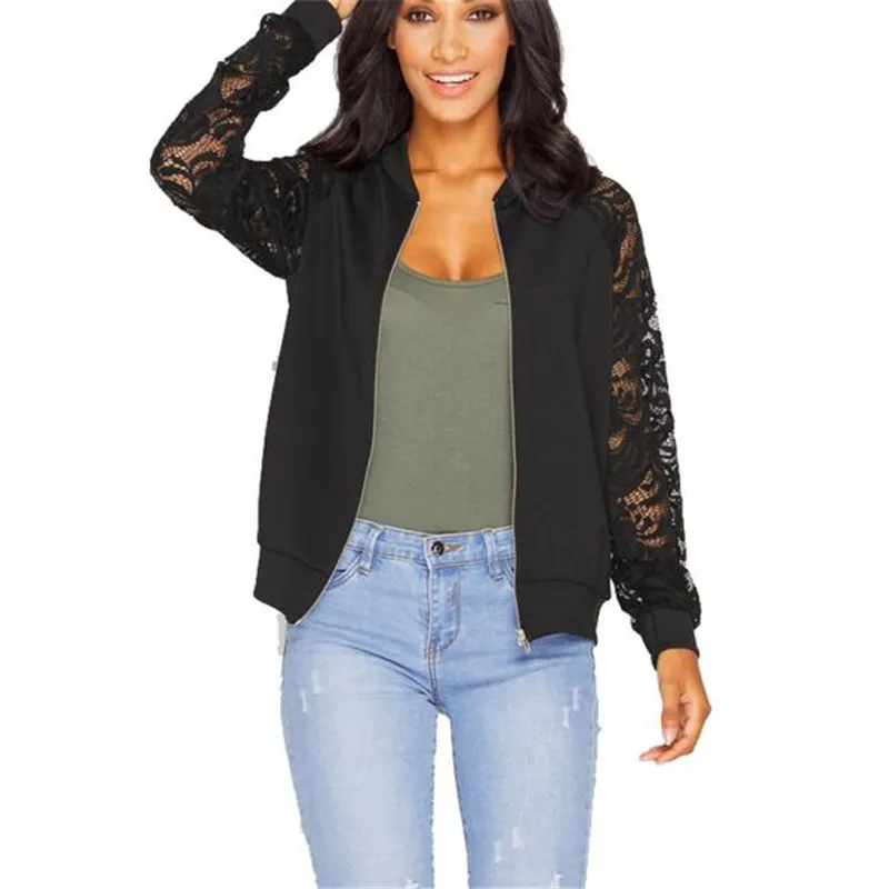 

Lace Sleeve Women Basic Coats Long Sleeve Lace Patchwork Transparent Zipper Casual Slim Jacket Coat Bomber Jacket Outwear 11#5
