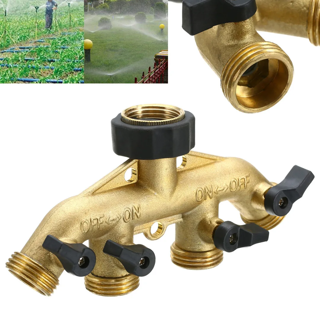 Brass Garden 4 Way Tap Connector 3/4'' Hose Pipe Splitter Drip Irrigation Connectors for Garden