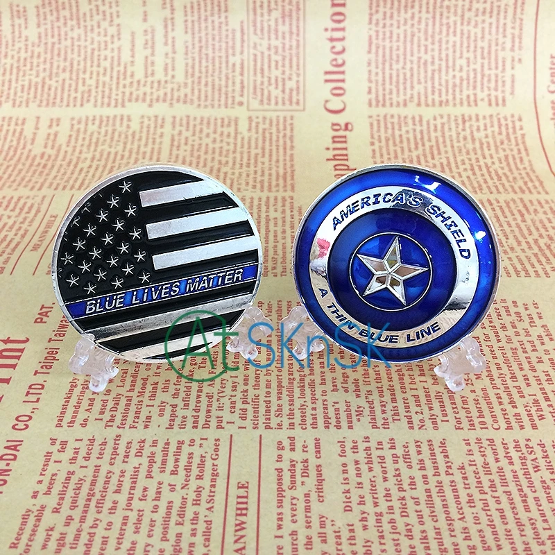 

Wholesale America's Shield a Thin Blue Line Challenge Coin Zinc alloy with Silver Plated Metal Crafts Gift Collection 50*3mm