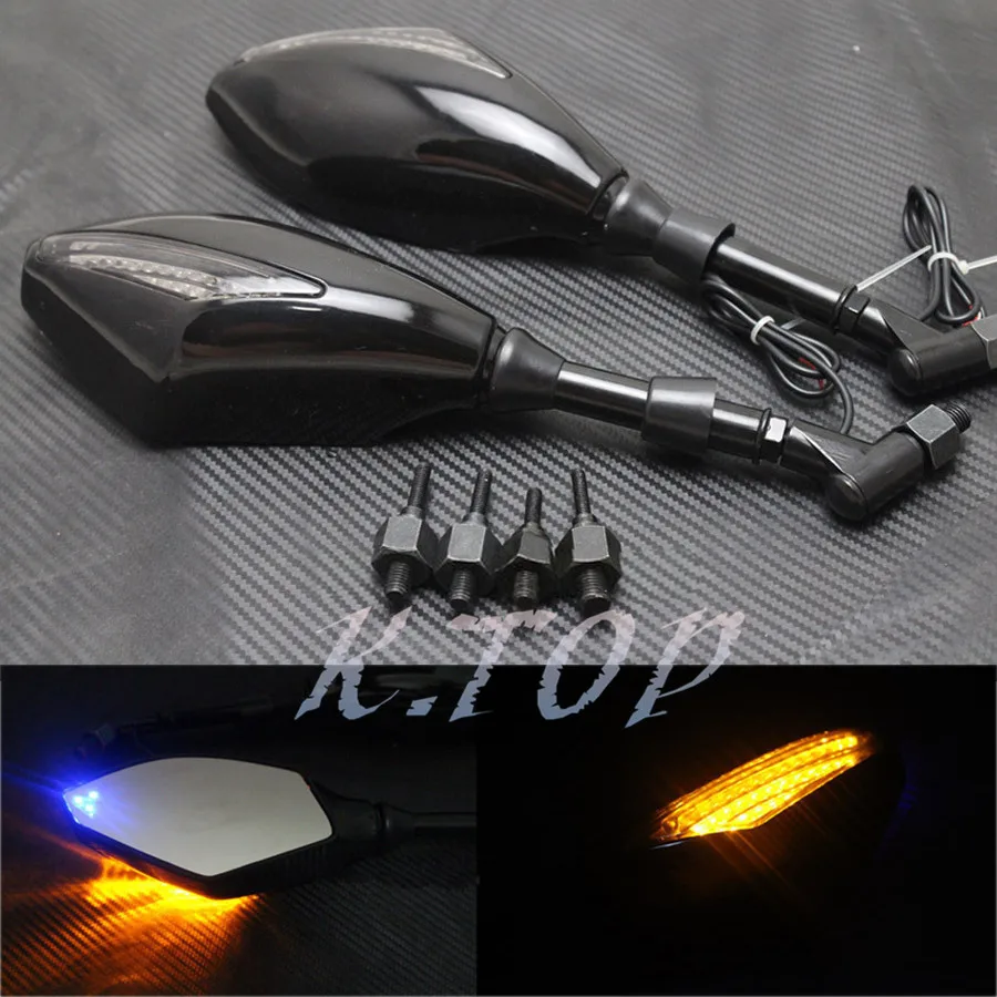 Motorcycle Street Bikes LED Integrated Turn Signals Rearview Side Mirrors 10mm