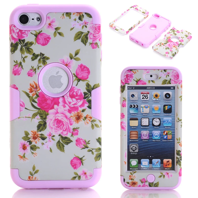

3-in-1 Floral Case Cover For Apple iPod Touch 6 Hybrid Rubber Silicone Phone Cases Fundas w/Screen Protector Film+Stylus Pen