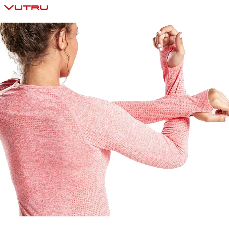 

Vutru Sport Ombre Seamless Yoga Shirts Long Sleeve Top Solid Color Stretchy Gym Tops Fitness Thumb Hole Fitted Workout Shirts