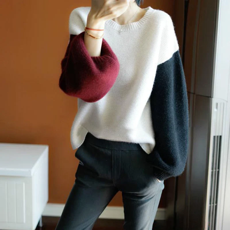 

2019 spring autumn women's new Large size French contrast color Loose and thin pullover wool sweater sweater Female z11