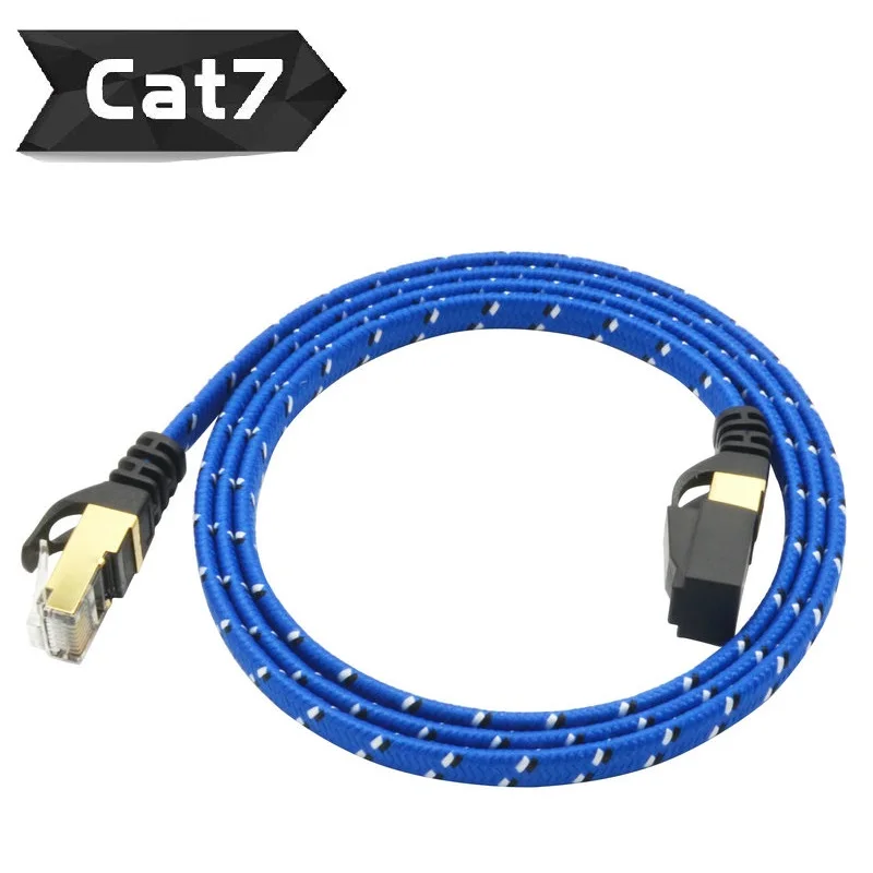 

2 Meters CAT7 10G Ethernet Flat Cable Nylon Braided Gold Plated & Shielded RJ45 Connectors and Jacket for Modem Router Network