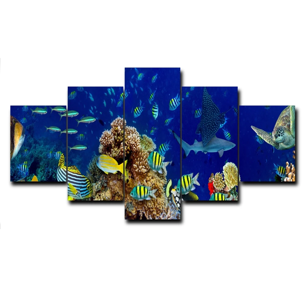 

Laeacco 5 Panel Underwater World Fish Posters and Prints Nordic Art Canvas Painting For Living Room Kids Room Decor Wallpaper
