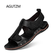 AGUTZM/609 г. новое поступление, черные модные мужские сандалии с Т-образной застежкой на липучке и заклепками из мягкой микрофибры, массажная подошва из искусственной кожи, большие размеры: 38-46
