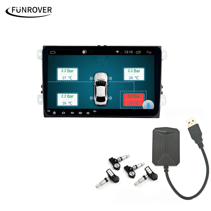 Funrover Car TPMS for Android DVD Car Tire Pressure Monitoring System 4 Sensors Alarm Tire Temperature Monitoring System tp630 tpms car smart bluetooth tpms tire pressure psi bar temperature alarm system for android for ios 4 sensors