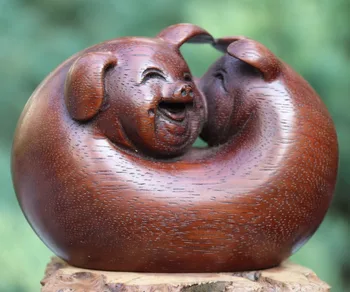 

11 CM Chinese Boxwood Handwork Zodiac Animal Pig Hog lucky tendresse sculpture
