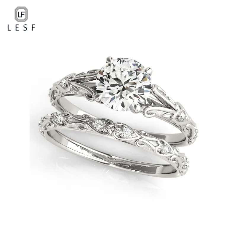 

LESF Vintage 3/4 ct Engagement Ring Set Unique Design Round Cut Cubic Zirconia Women 925 Sterling Silver Solitaire Wedding Rings