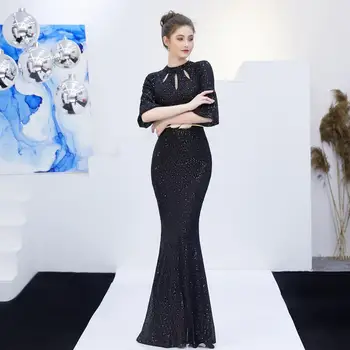 

Blue Sequined O Neck Mermaid Evening Dresses 2020 Half Sleeves Hollow Cut-Out Long Prom Formal Dress Party Gowns LF458