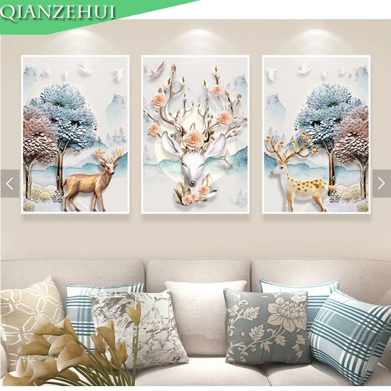 

QIANZEHUI,DIY Diamond Embroidery,Round Diamond Elk triple decoration Full rhinestone Diamond painting cross stitch,needlework