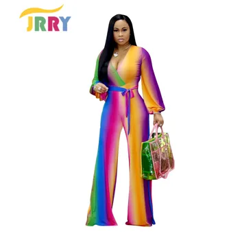 

JRRY Sexy Women Jumpsuit Long Sleeve And Long Pants Solid Deep V Neck Colourful Sashes