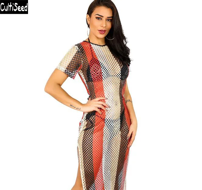 

Cultiseed Women Dress Female New Summer Color Striped Hollow Out Fishnet Dress Ladies Fashion Short Sleeve Holiday Long Dress