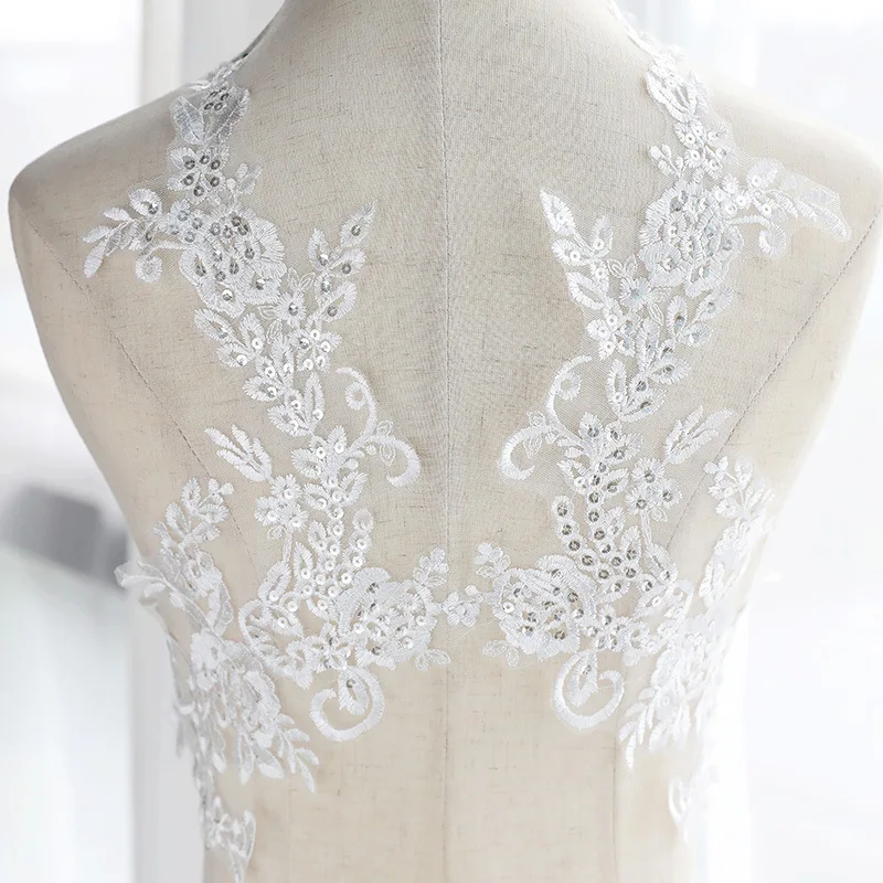 

2019 Fashion Trend White Flower Lace Applique Sequin Embroidery Lace Trim Clothing Wedding Dress DIY Accessories 1 pair