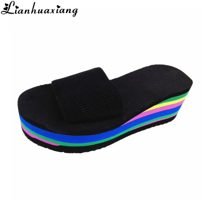 

Women Sandals Slippers 2019 New Summer Fashion Rainbow Leopard Muffin Sandals Home Shoes Wedge Heels Beach Sandals