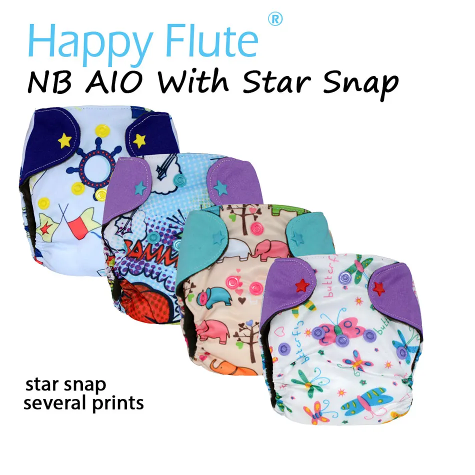 Подгузник Happy flute NB AIO со звездочками, подгузник NB aioс пришитой внутренней вставкой. Подходит для детей 0-3 месяцев или 6-12 фунтов