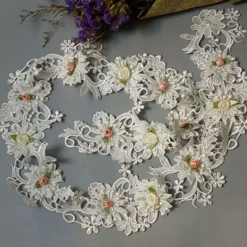 

1yard Soluble White and Pink Pearl Rose Flower Embroidered Lace Trim Ribbon Fabric Sewing Craft For Costume Hat Shoes Decoration