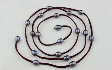 

N2752 Purple Leather long necklace Black Freshwater pearl 48INCH 10x12mm (A0325)