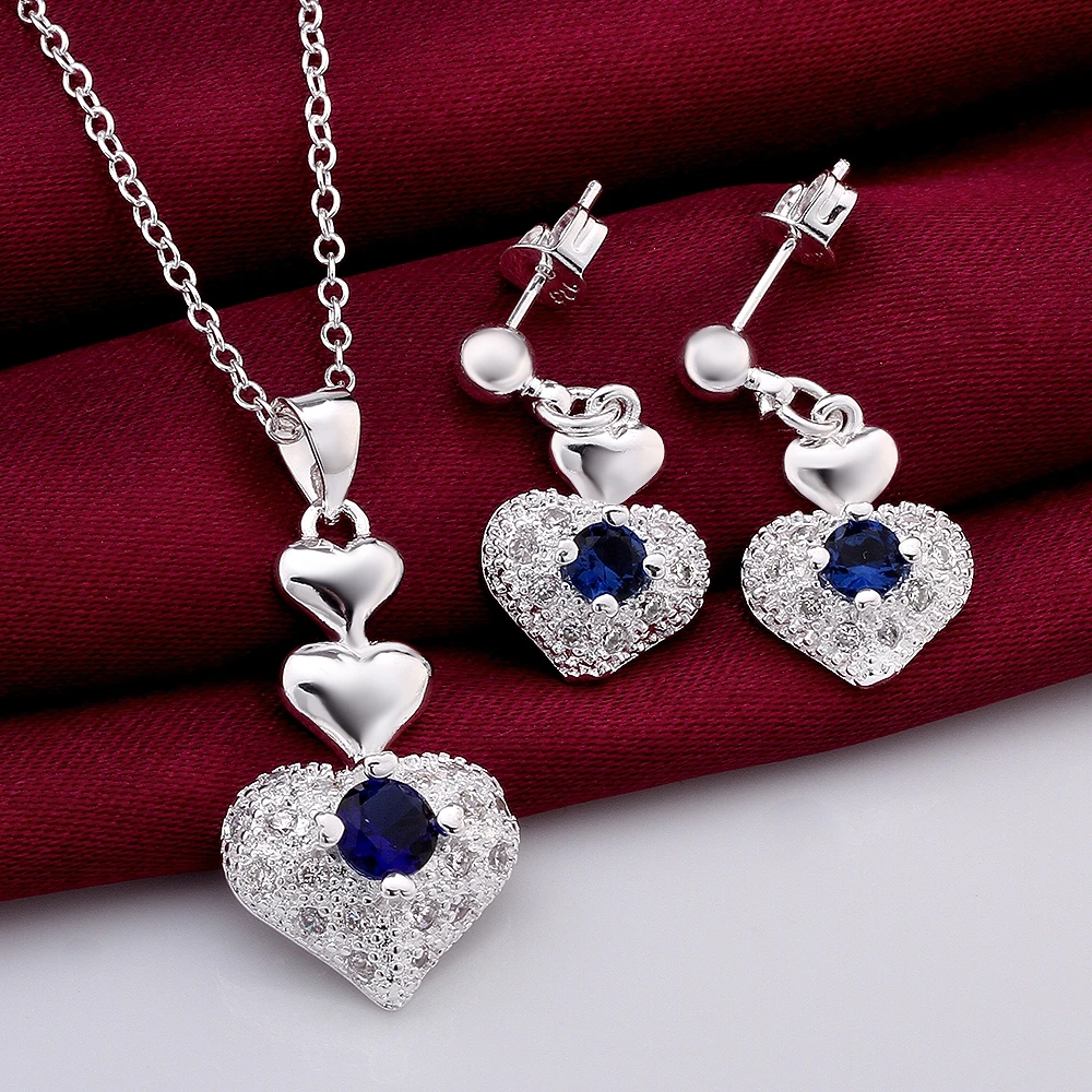 925 ювелирные изделия из стерлингового серебра, 925 ювелирные изделия из серебра синее Кристальное сердце Ожерелье и Серьги Комплекты украшений для женщин SS772